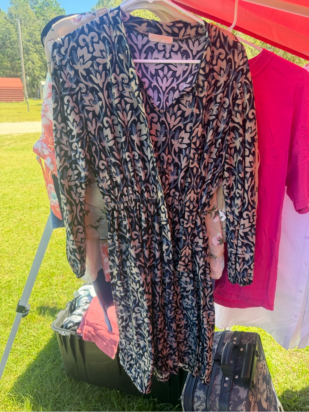 Black Floral-Print Long Sleeve Dress with Elastic Waist
